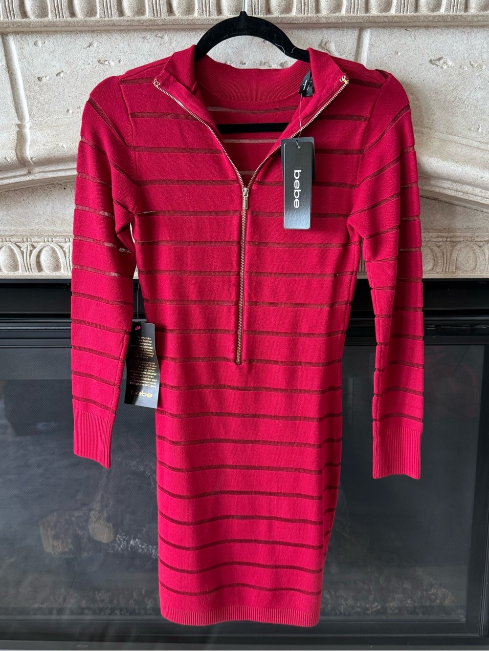 bebe Red Knit Zip-Front Striped Dress